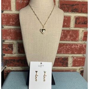LOFT Gold Heart Locket with Love Earrings Bundle NWT